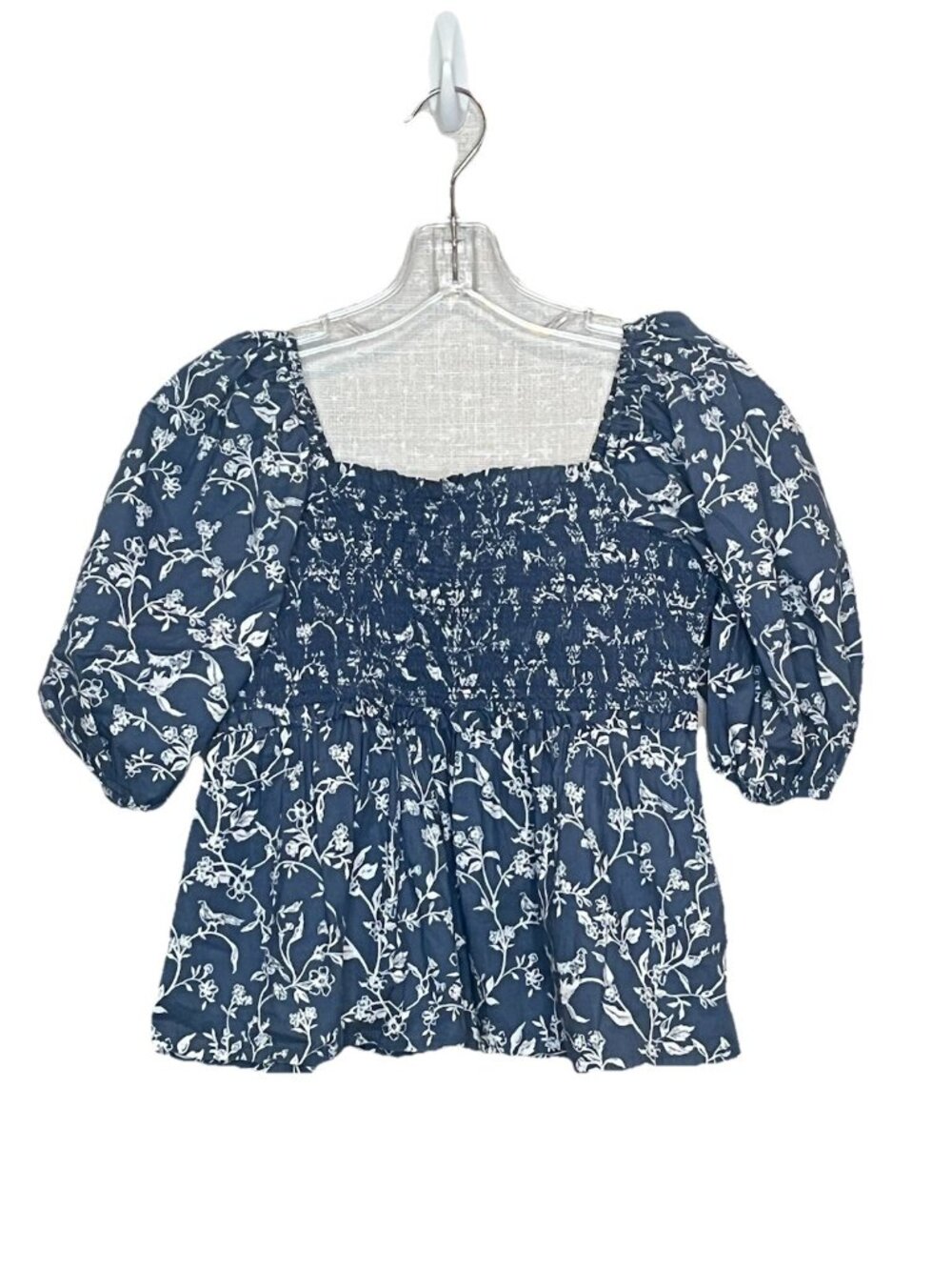 American Eagle XS Navy Floral Smocked Puff Sleeve Peplum Babydoll Top Prairie